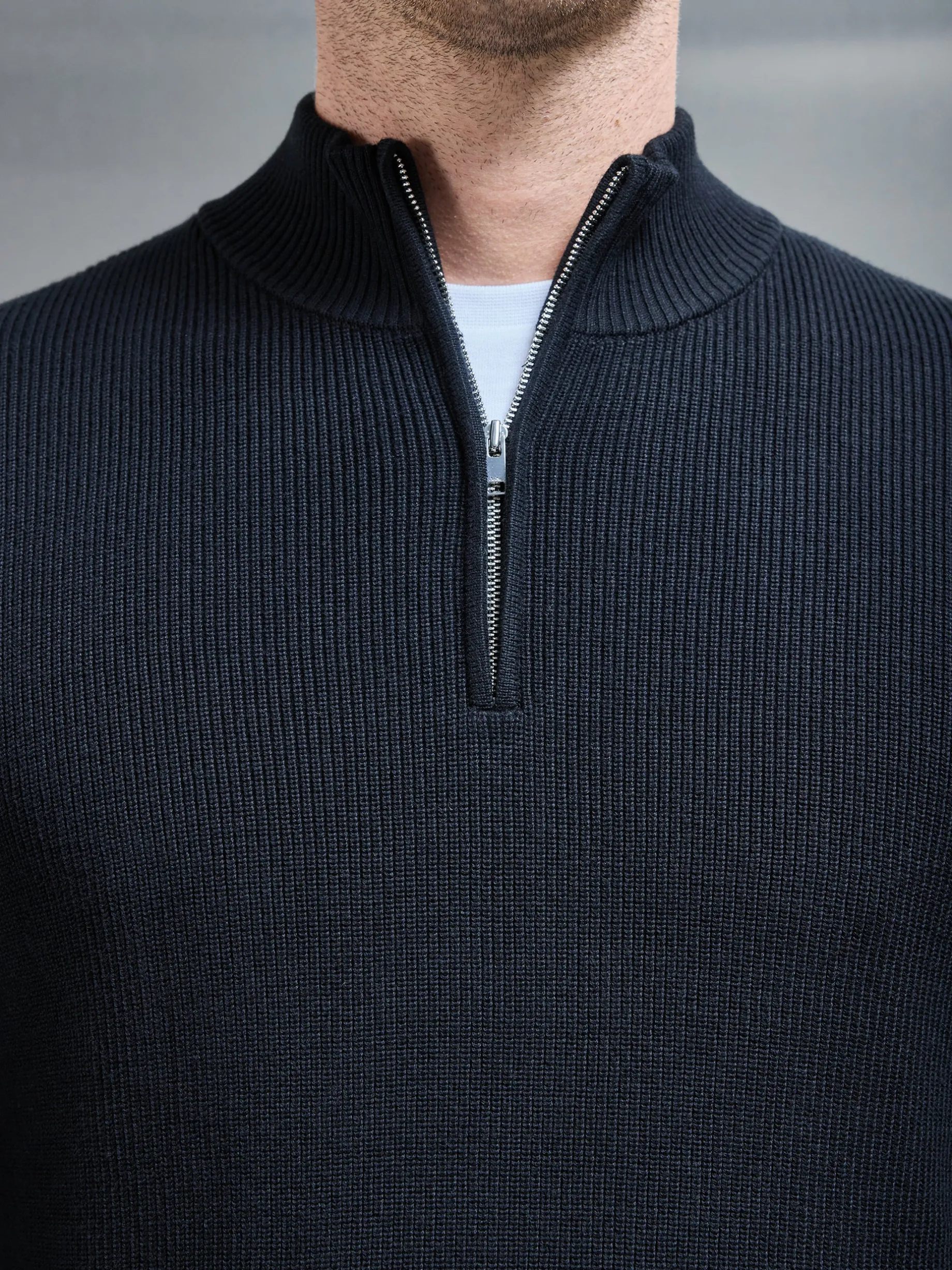 Knitted Ribbed Half Zip Funnel Neck Jumper - Black