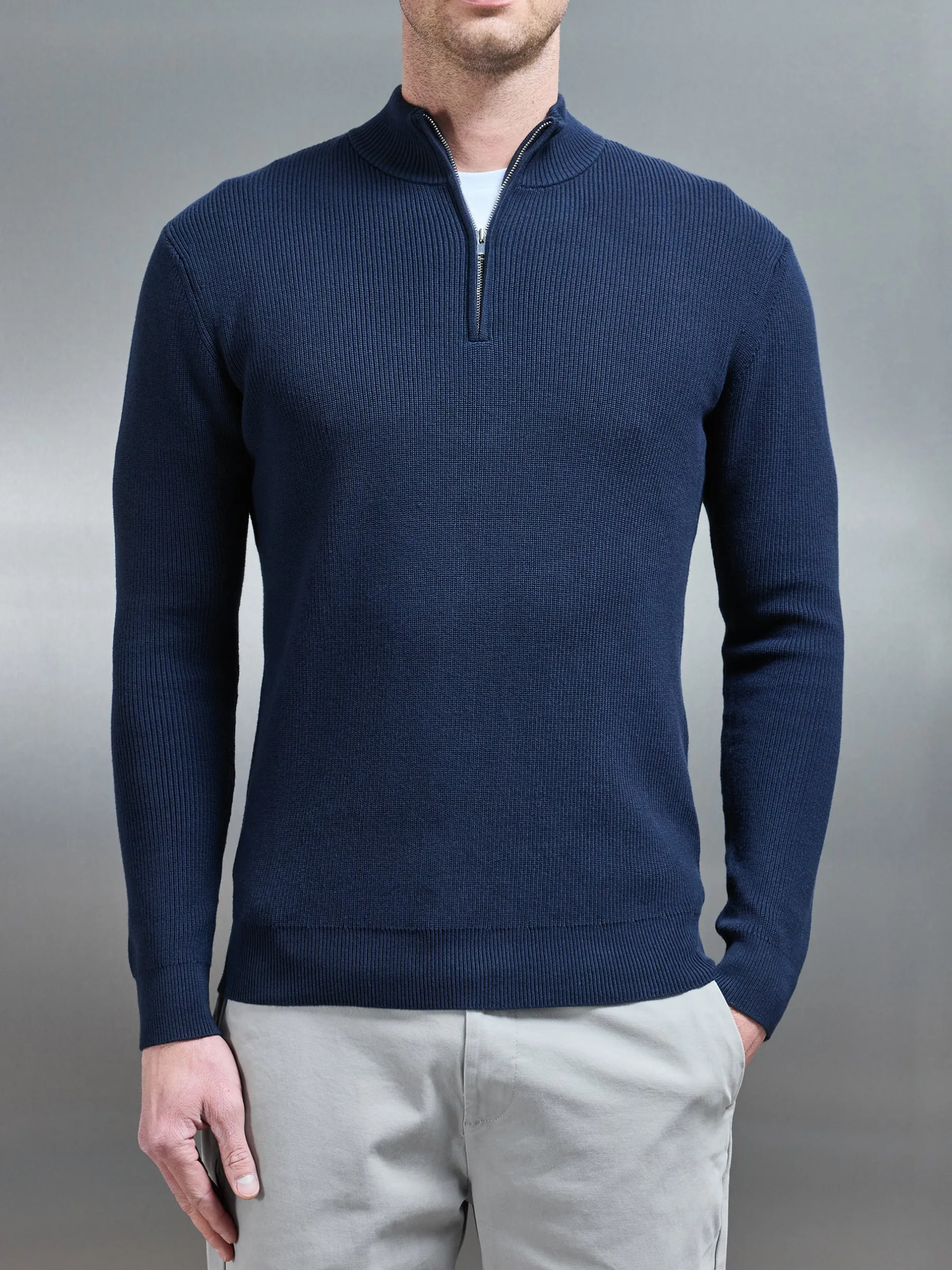 Knitted Ribbed Half Zip Funnel Neck Jumper - Navy