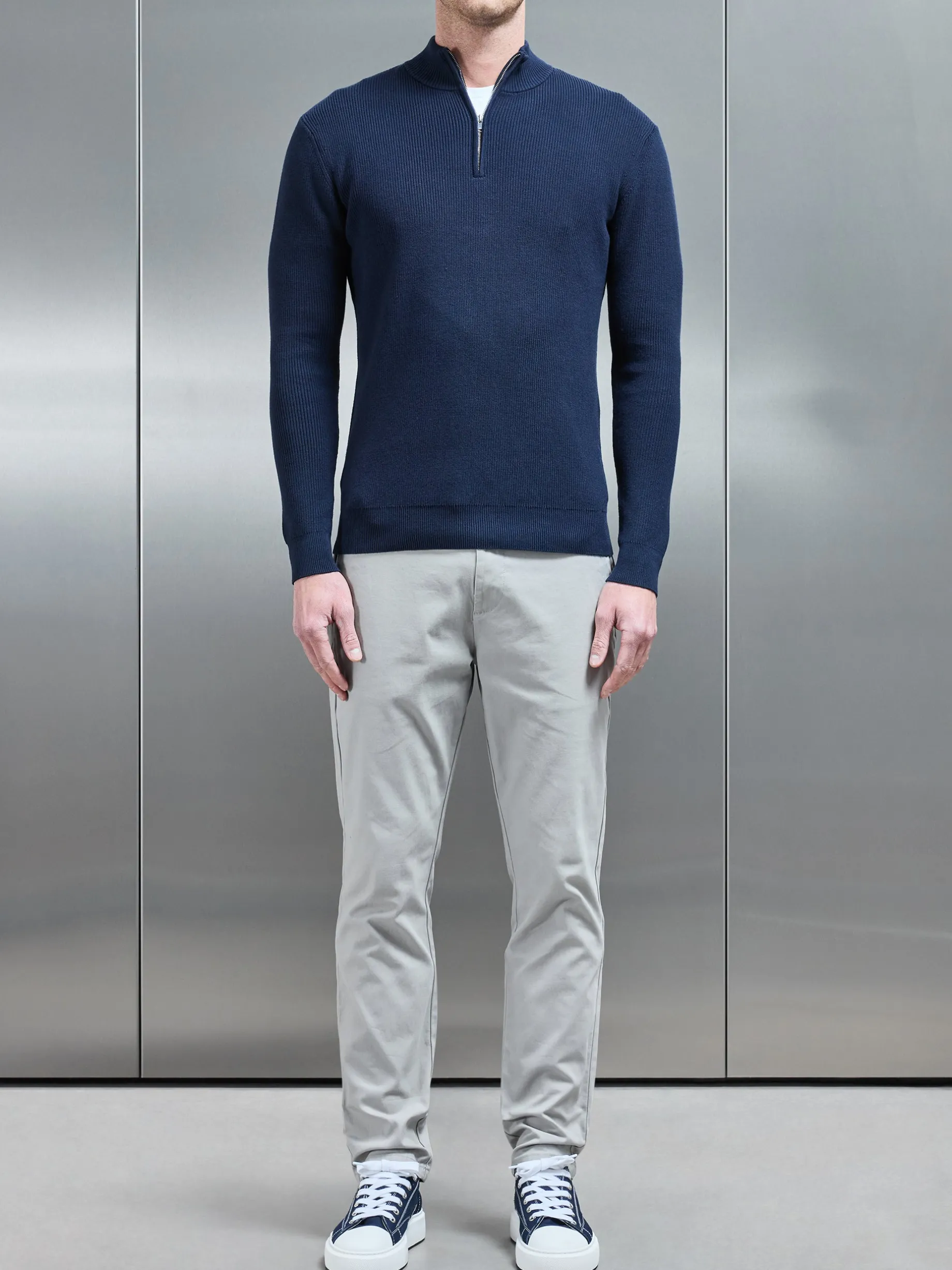 Knitted Ribbed Half Zip Funnel Neck Jumper - Navy