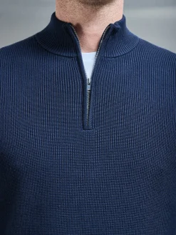 Knitted Ribbed Half Zip Funnel Neck Jumper - Navy