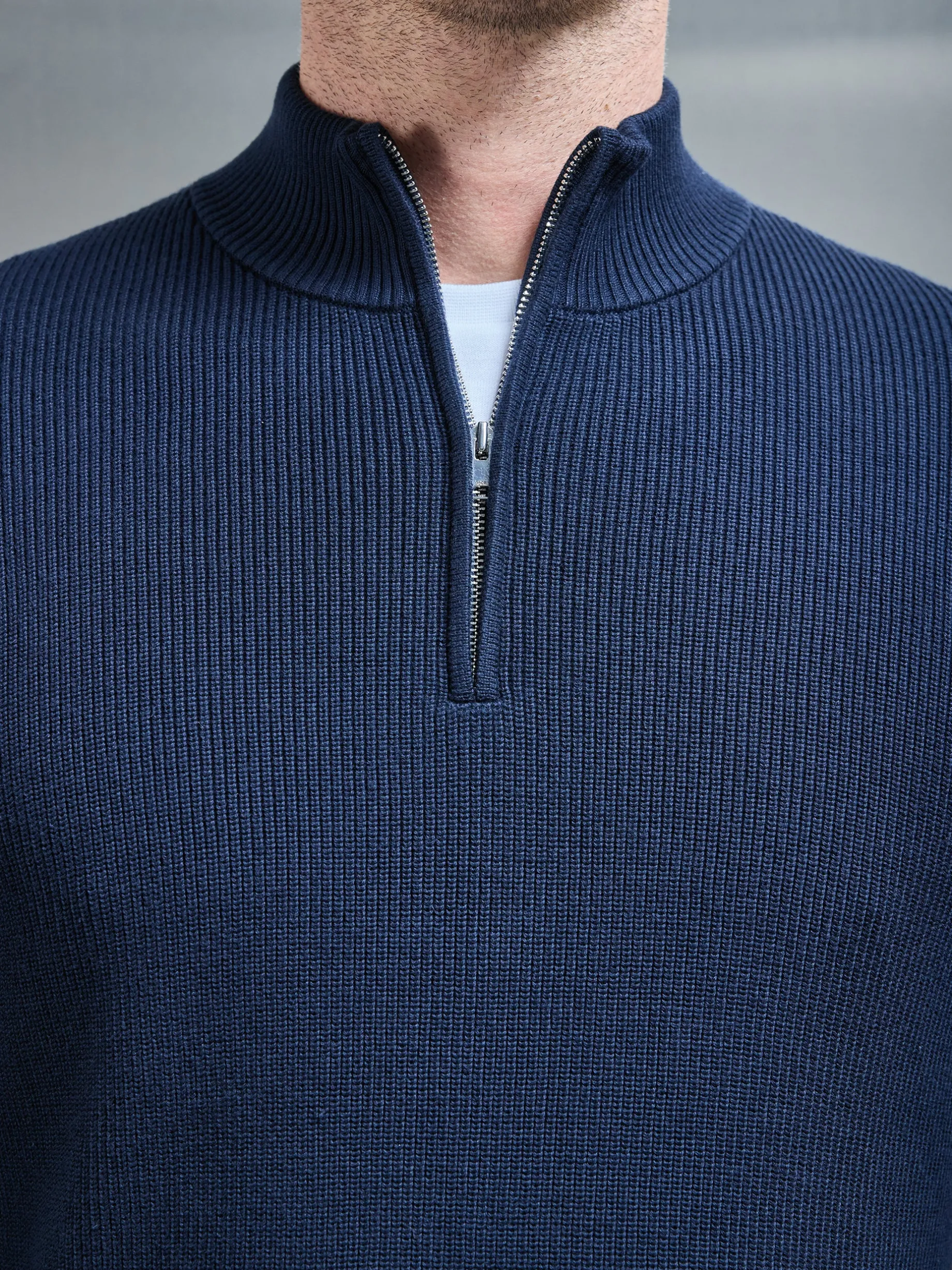 Knitted Ribbed Half Zip Funnel Neck Jumper - Navy