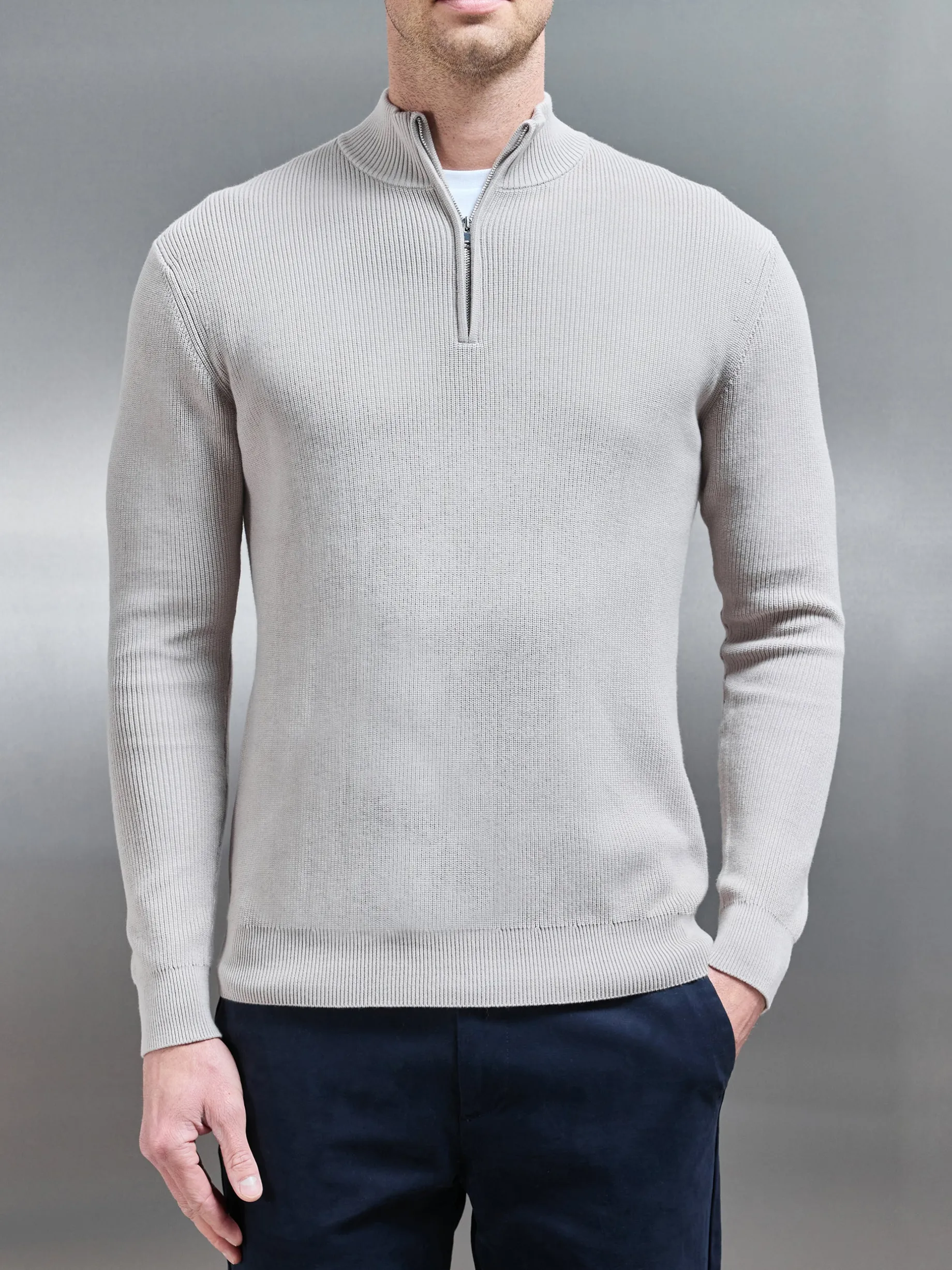Knitted Ribbed Half Zip Funnel Neck Jumper - Stone