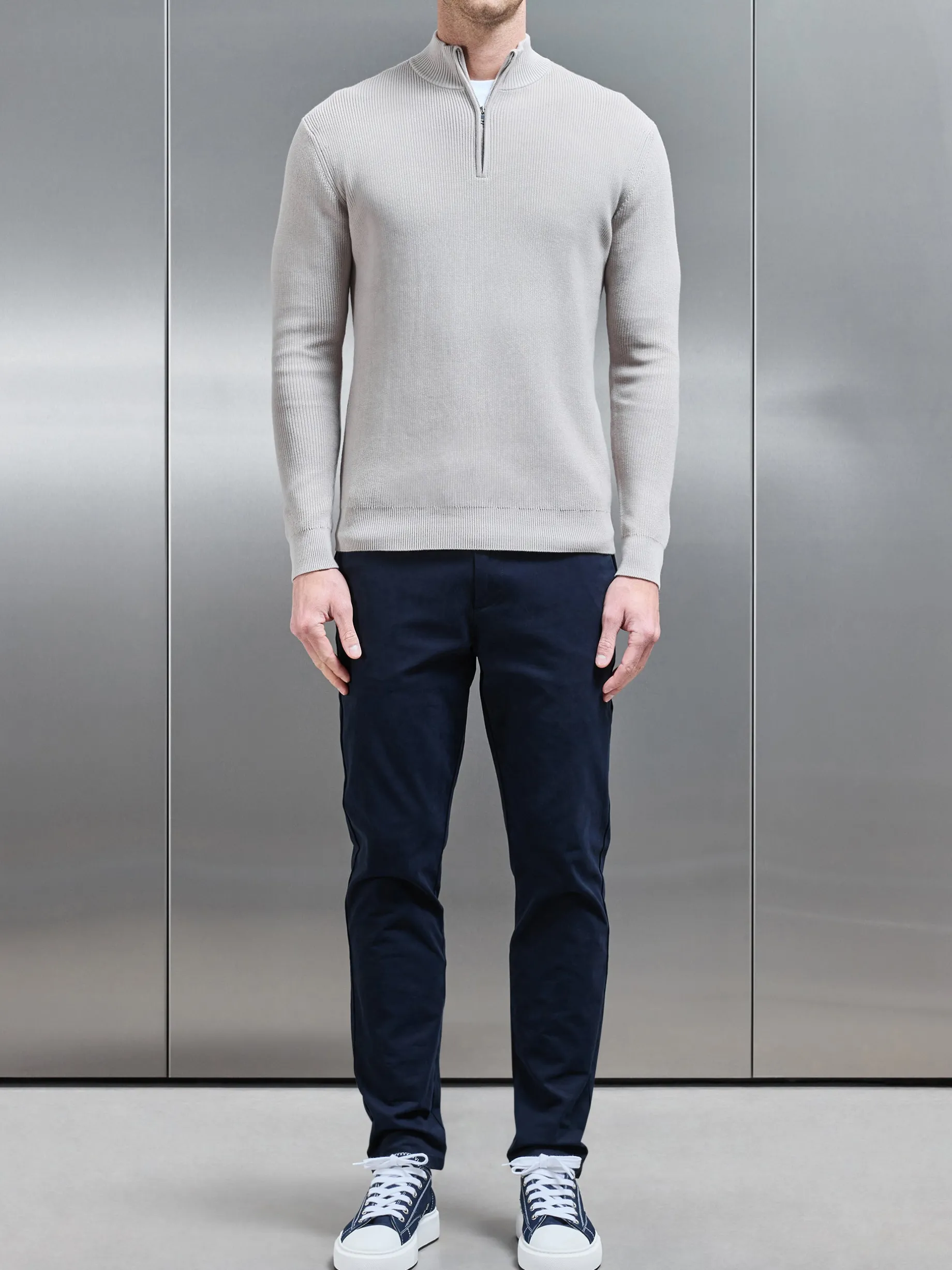 Knitted Ribbed Half Zip Funnel Neck Jumper - Stone