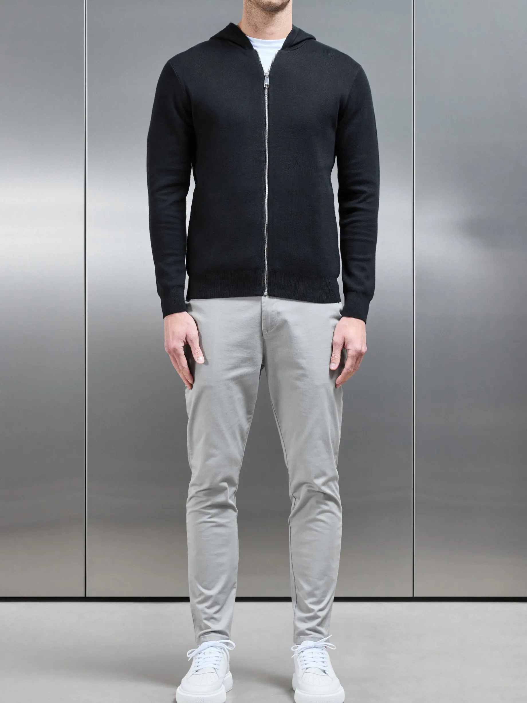Knitted Zip Through Hoodie - Black