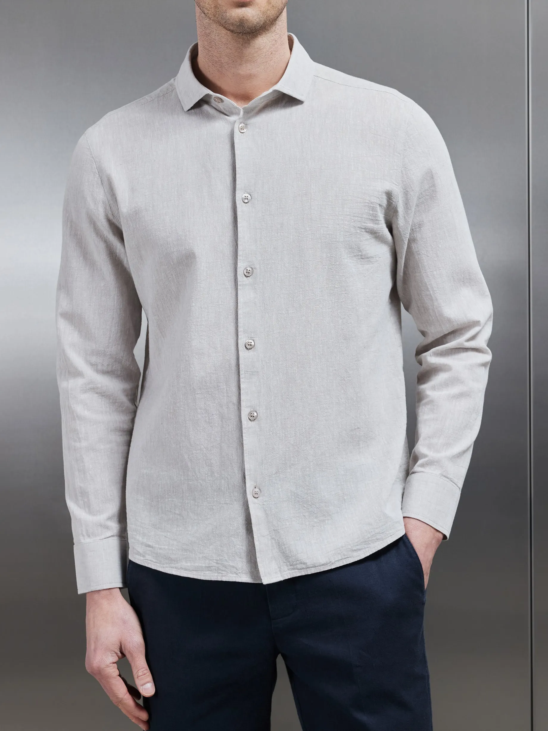 Linen Long Sleeve Cutaway Collar Shirt - Stone