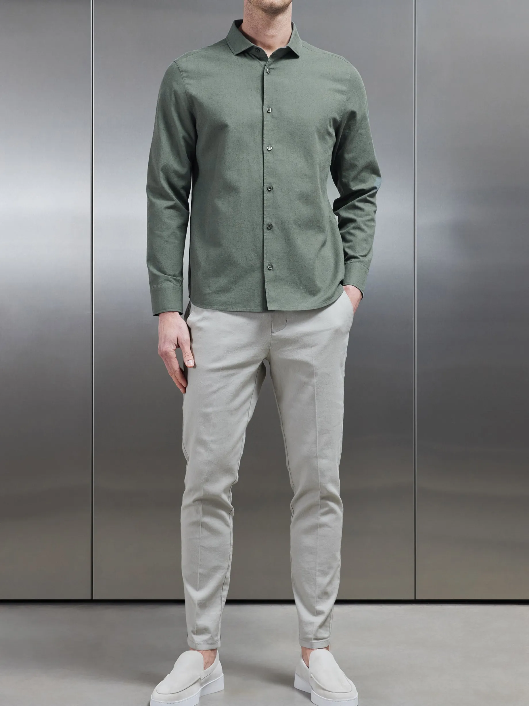 Linen Long Sleeve Cutaway Collar Shirt - Sage