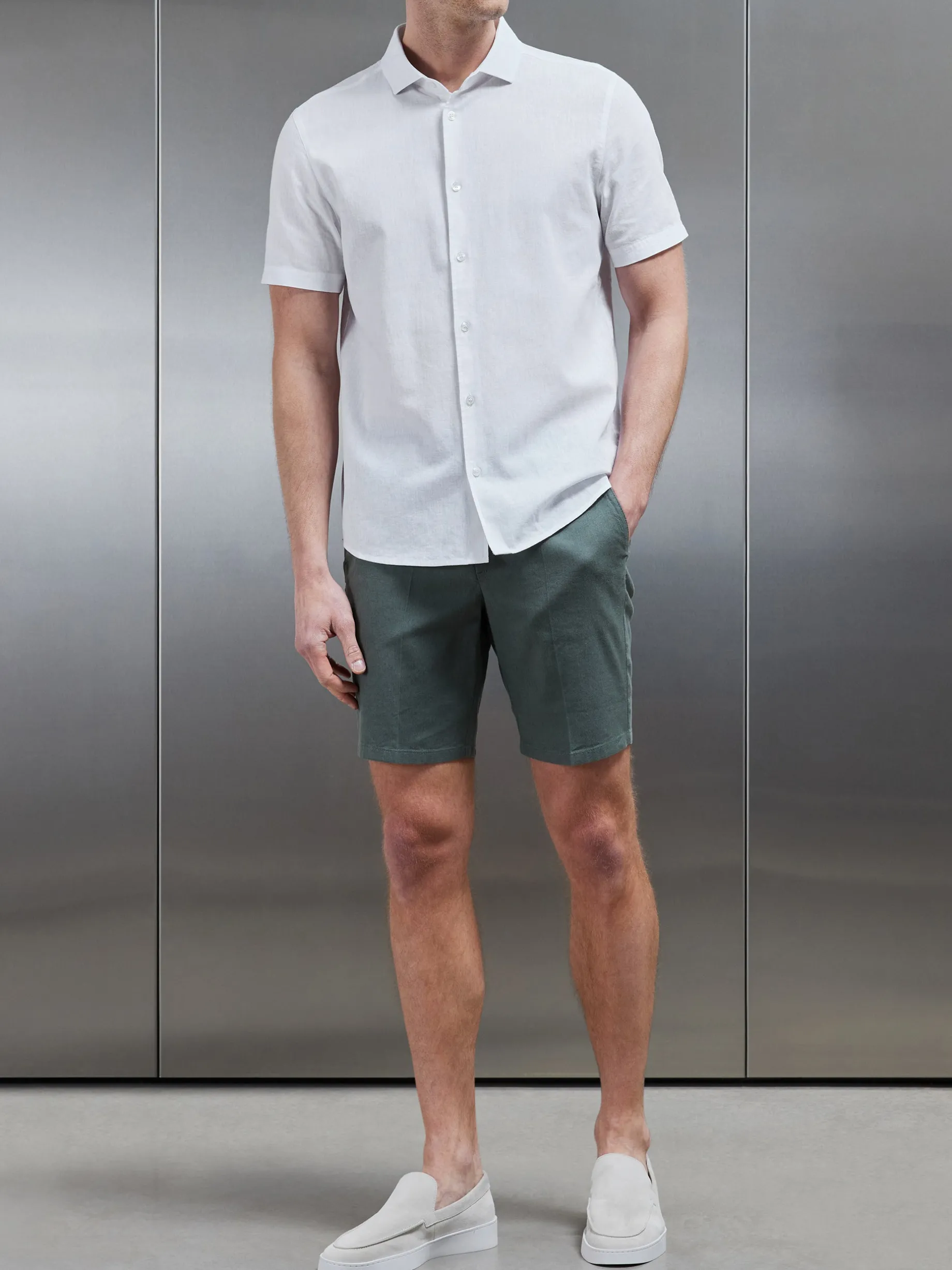 Linen Short Sleeve Cutaway Collar Shirt - White