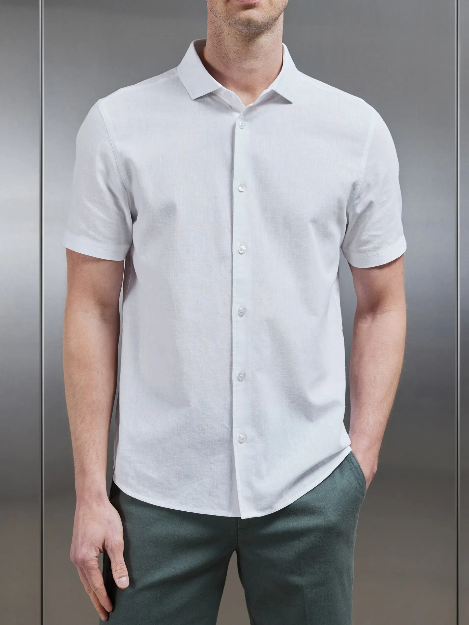 Linen Short Sleeve Cutaway Collar Shirt - White