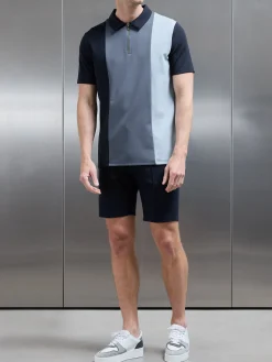 Luxe Colour Block Zip Polo Shirt - Navy