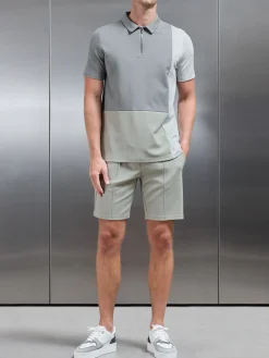 Luxe Colour Block Zip Polo Shirt - Stone