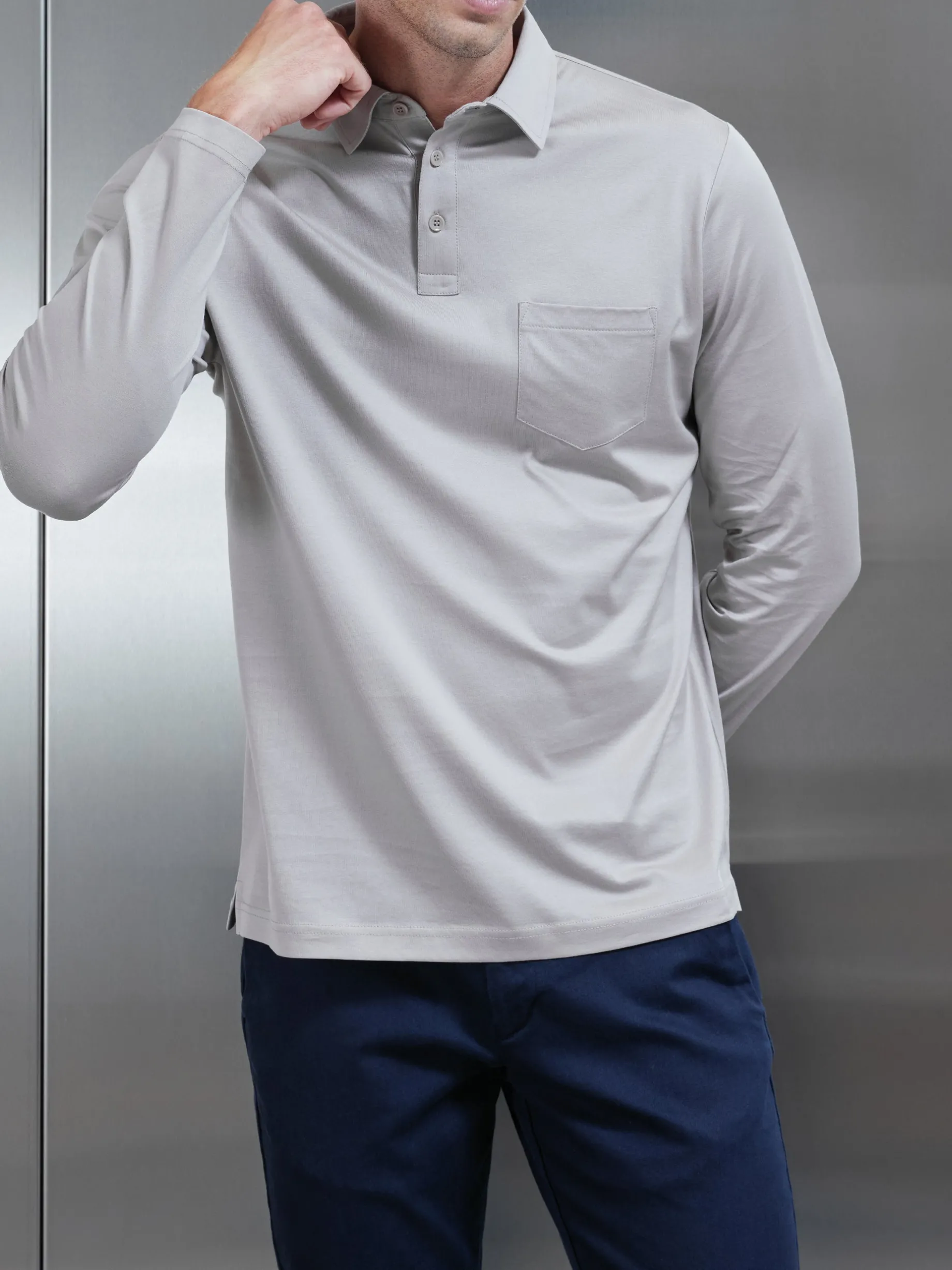 Mercerised Cotton Long Sleeve Polo Shirt - Stone