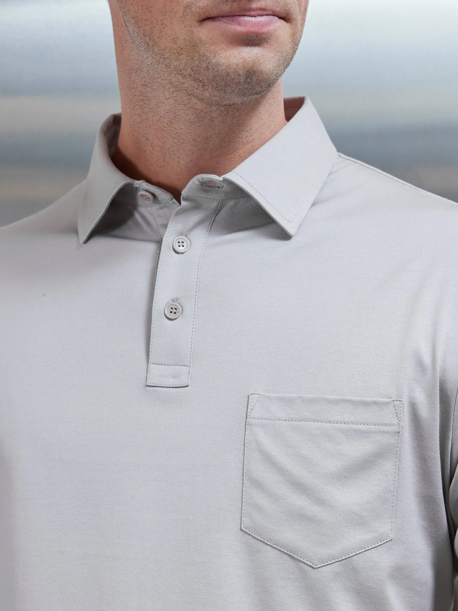 Mercerised Cotton Long Sleeve Polo Shirt - Stone