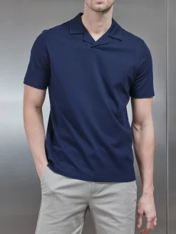 Mercerised Interlock Revere Collar Polo Shirt - Navy