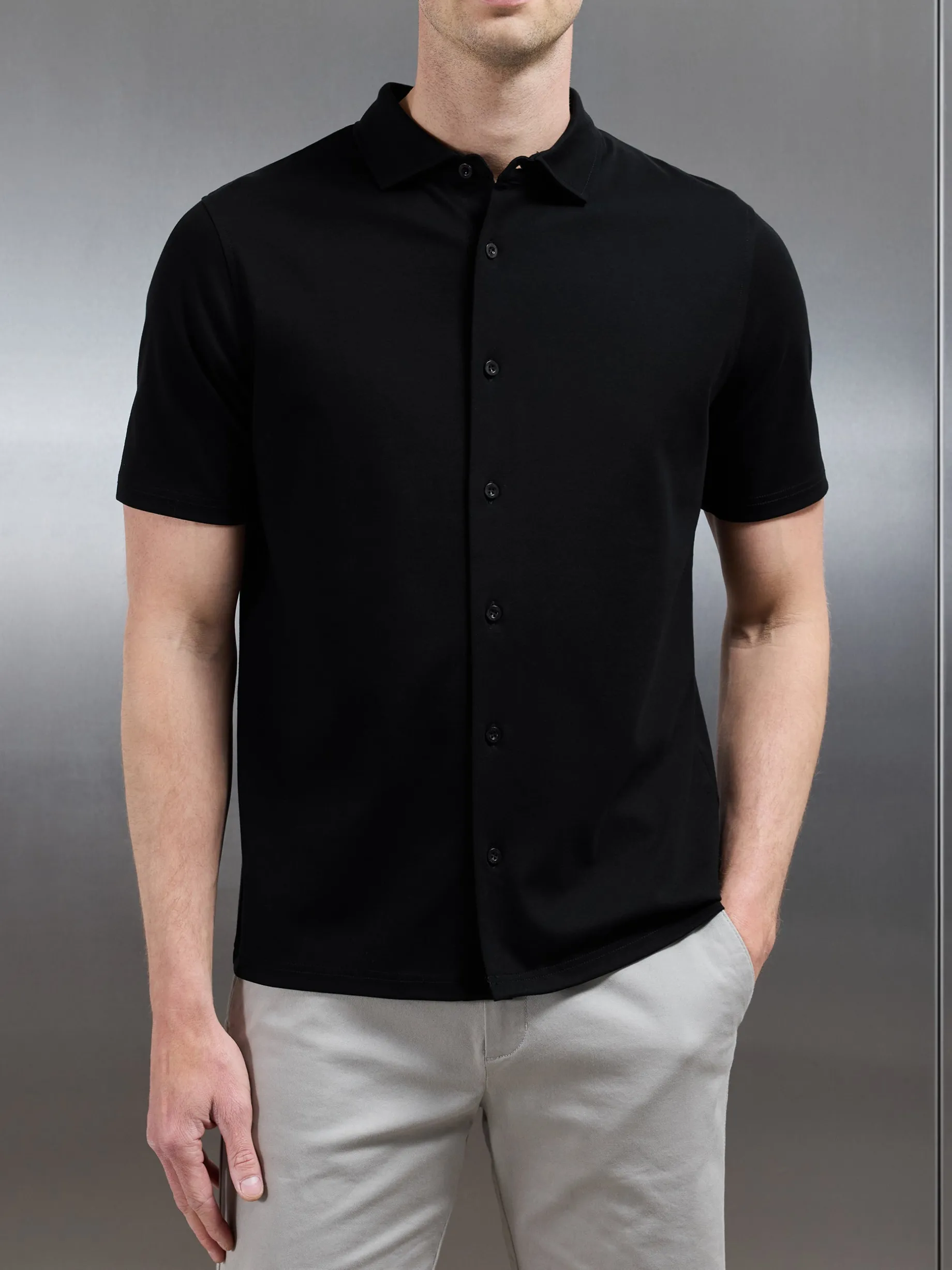 Mercerised Interlock Short Sleeve Button Through Shirt - Black
