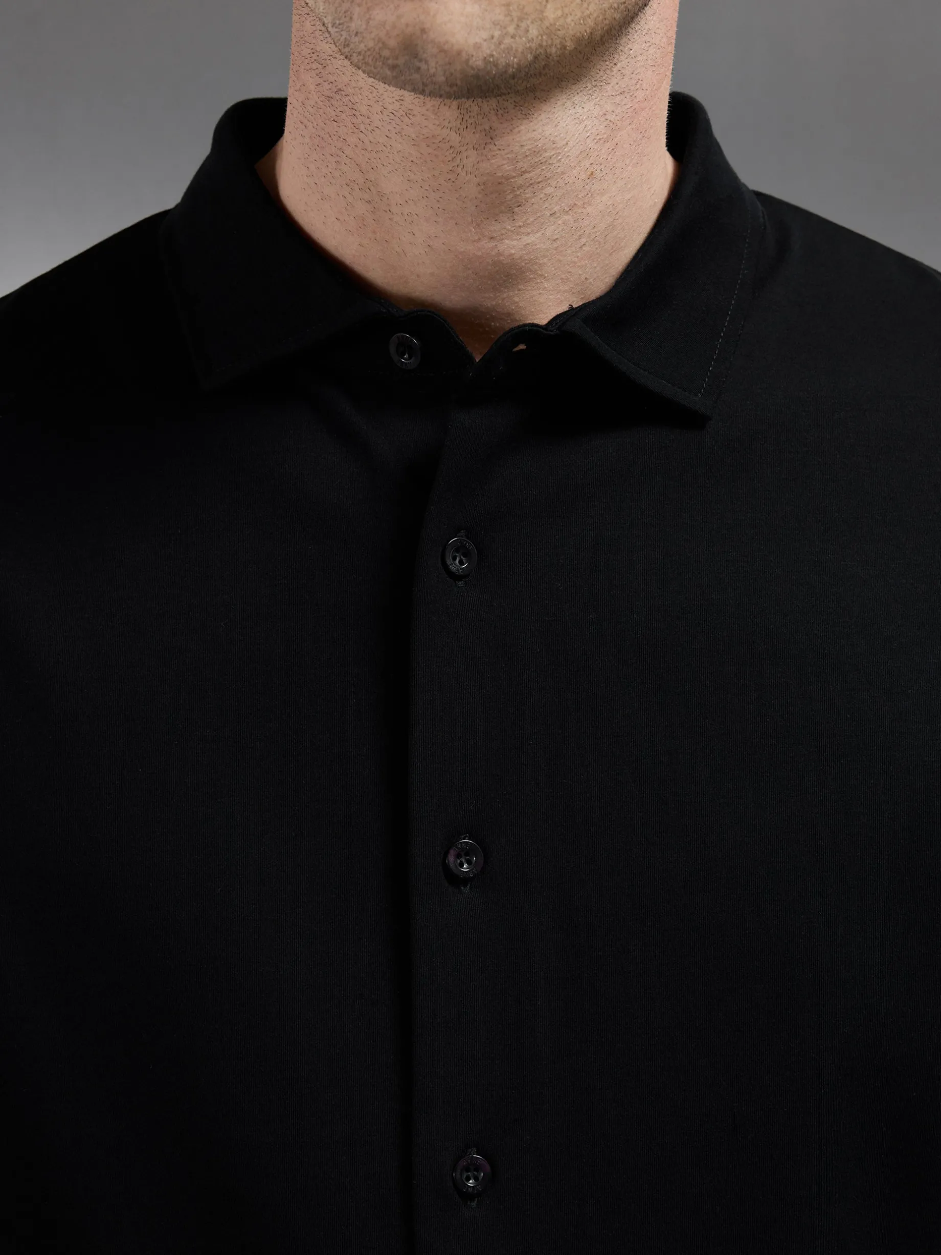 Mercerised Interlock Short Sleeve Button Through Shirt - Black
