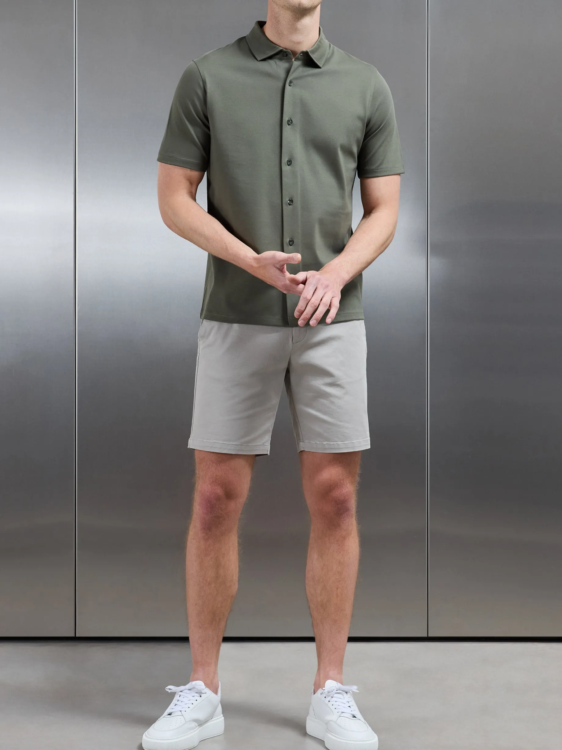 Mercerised Interlock Short Sleeve Button Through Shirt - Sage