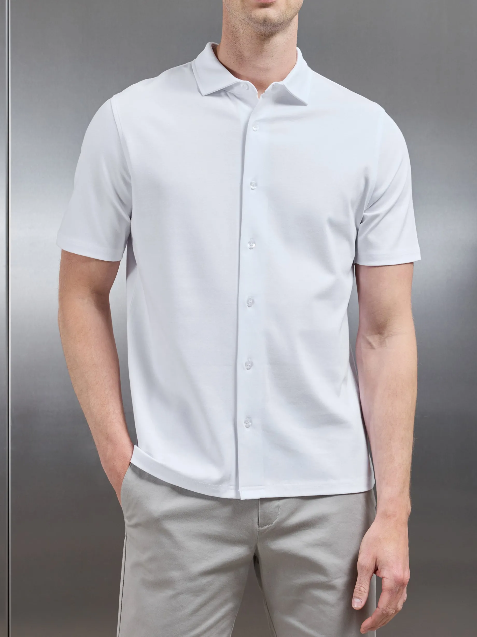 Mercerised Interlock Short Sleeve Button Through Shirt - White