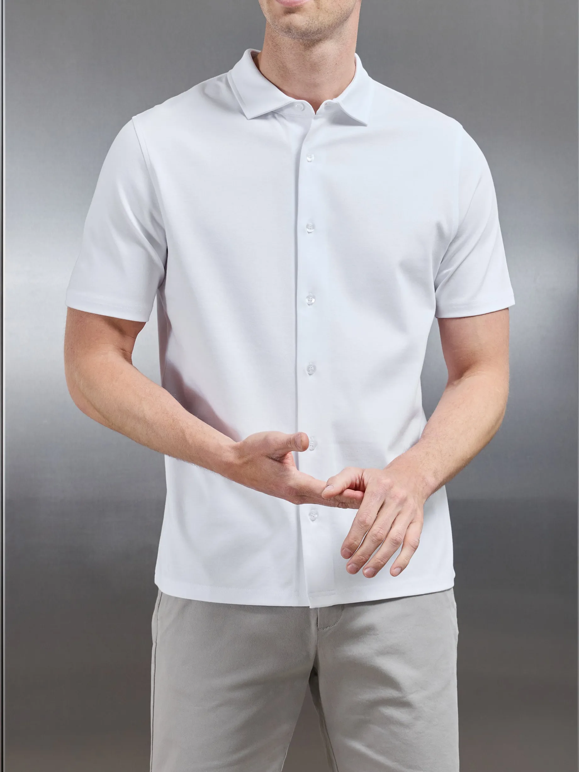 Mercerised Interlock Short Sleeve Button Through Shirt - White