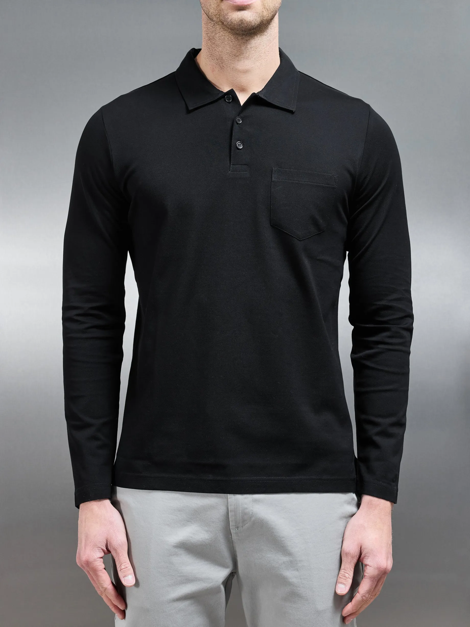 Mercerised Pique Long Sleeve Button Polo Shirt - Black