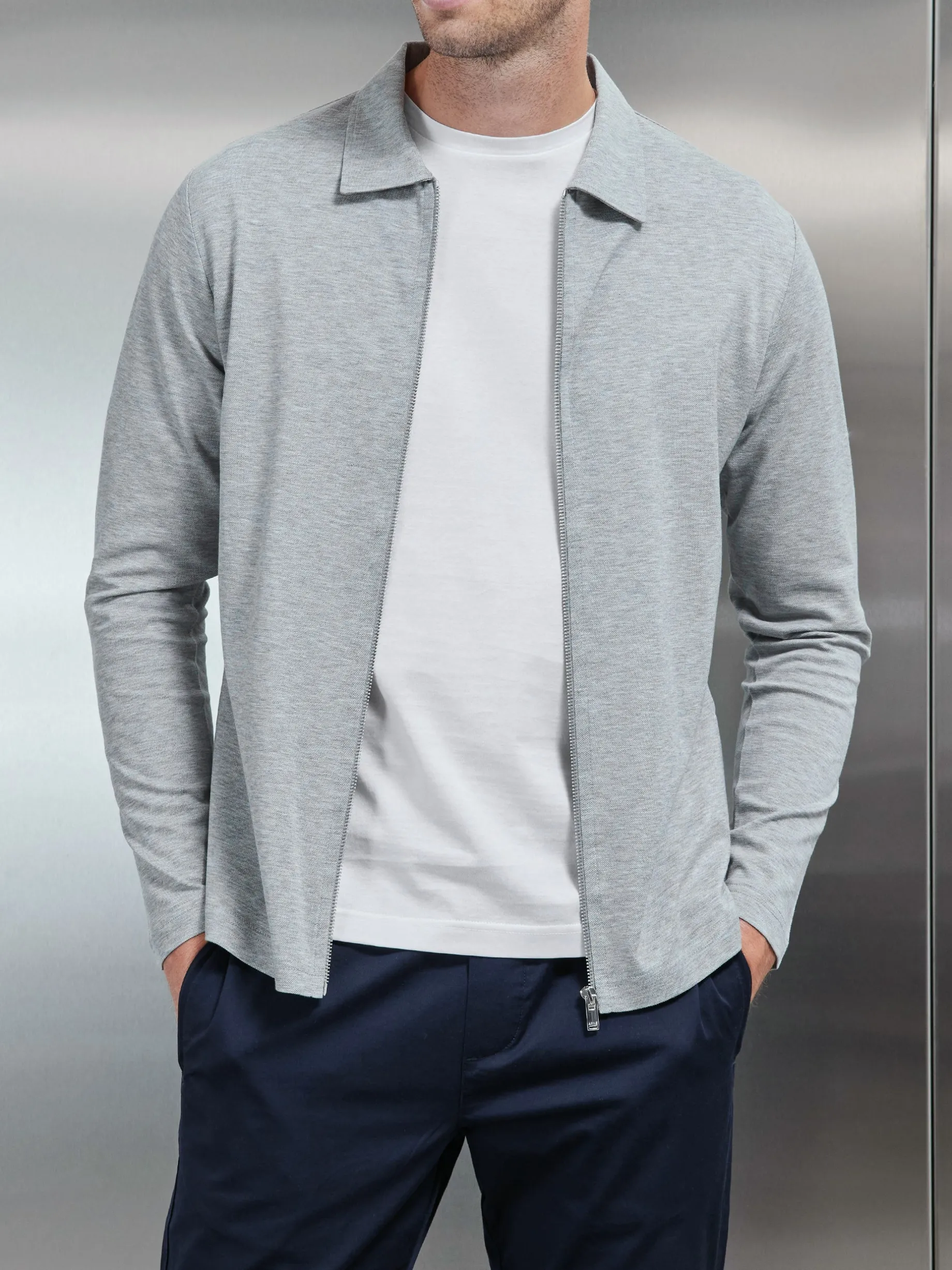 Mercerised Pique Zip Through Jacket - Marl Grey