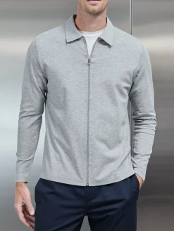 Mercerised Pique Zip Through Jacket - Marl Grey