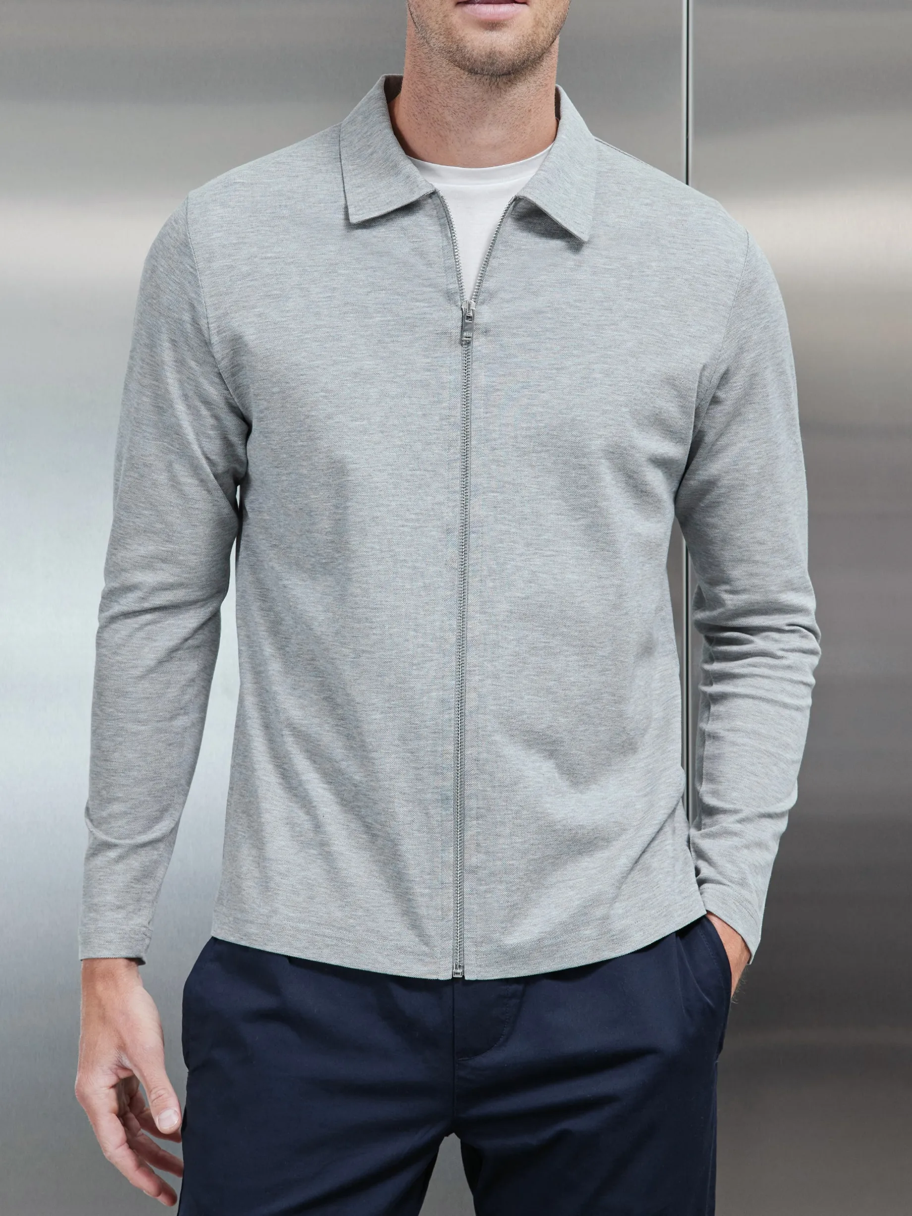 Mercerised Pique Zip Through Jacket - Marl Grey