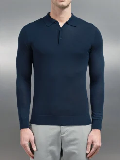 Merino Wool Long Sleeve Button Polo Shirt - Navy