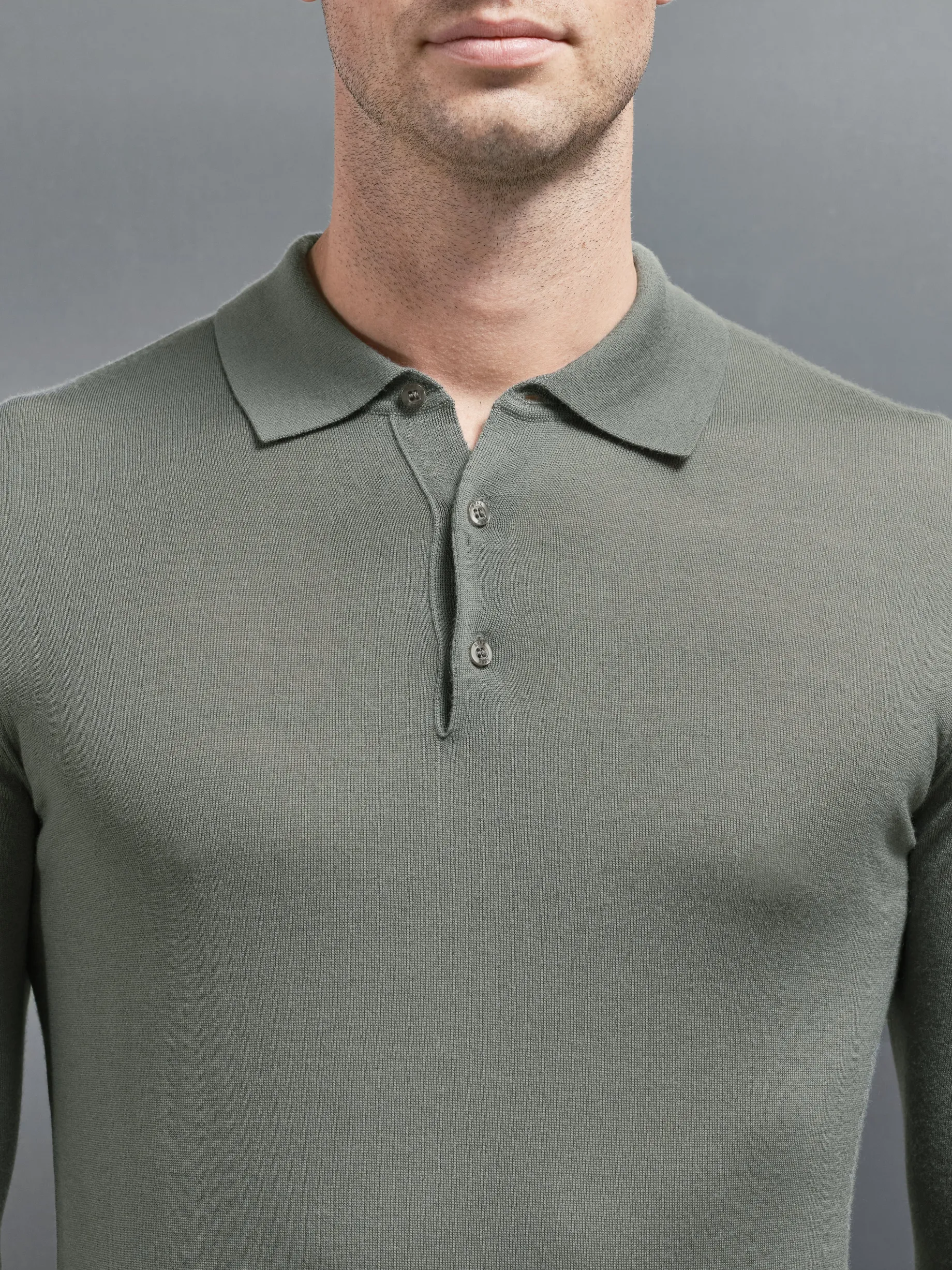 Merino Wool Long Sleeve Button Polo Shirt - Sage