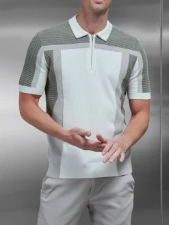 Panel Colour Block Knitted Zip Polo Shirt - Sage