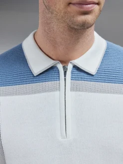 Panel Colour Block Knitted Zip Polo Shirt - Dove Blue