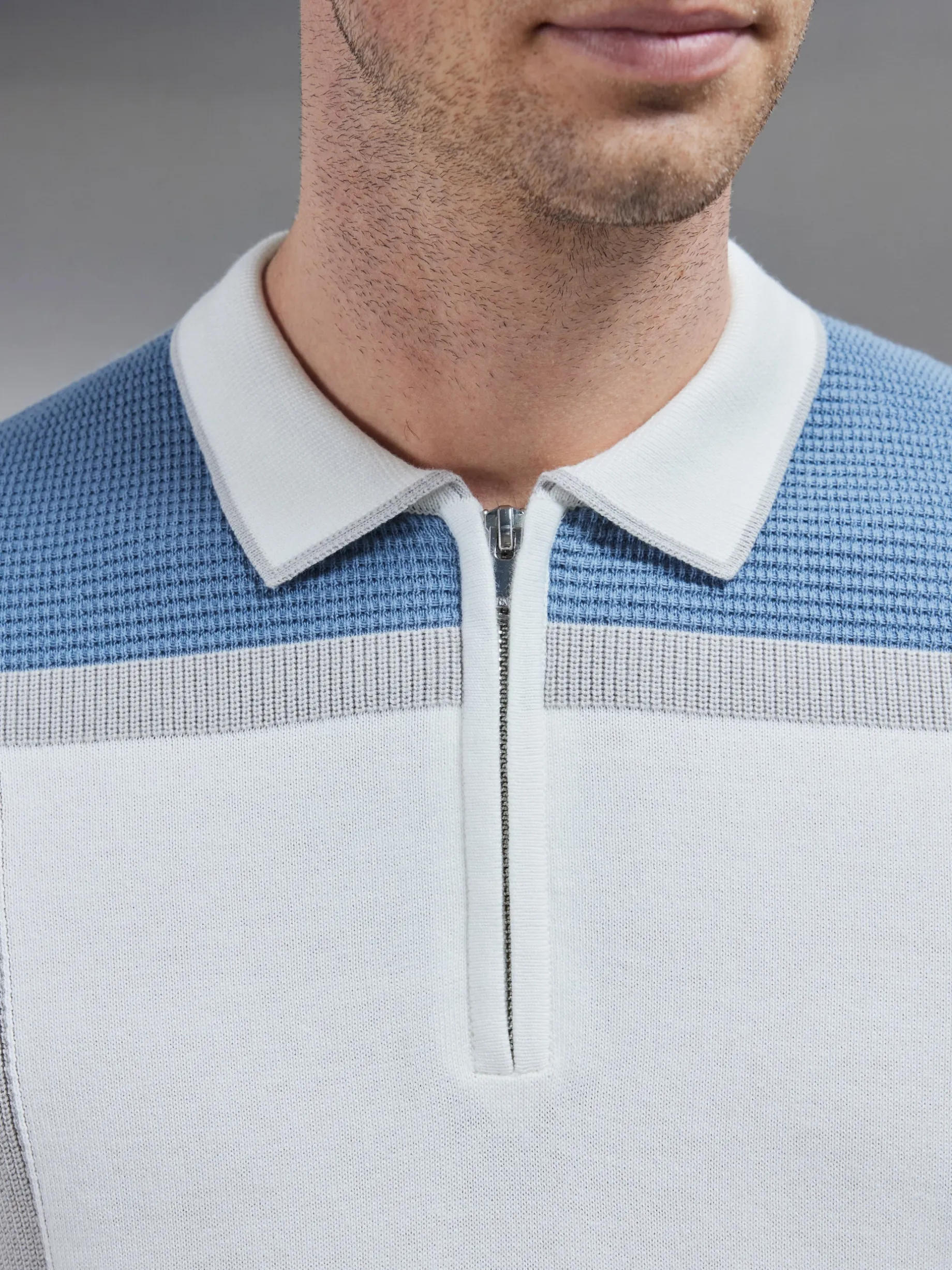 Panel Colour Block Knitted Zip Polo Shirt - Dove Blue