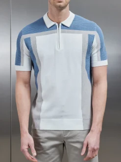 Panel Colour Block Knitted Zip Polo Shirt - Dove Blue