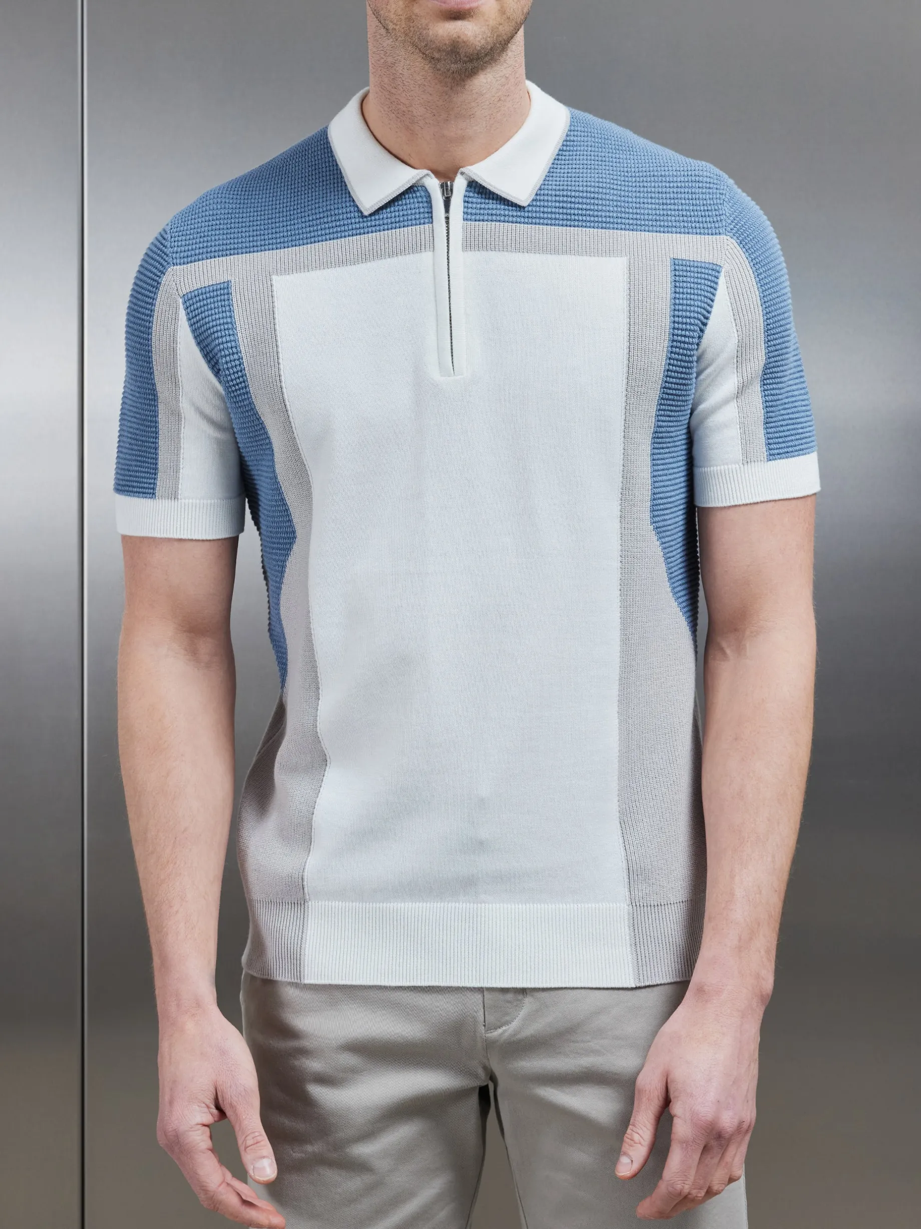 Panel Colour Block Knitted Zip Polo Shirt - Dove Blue