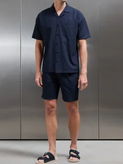 Relaxed Cotton Linen Revere Collar Shirt - Navy