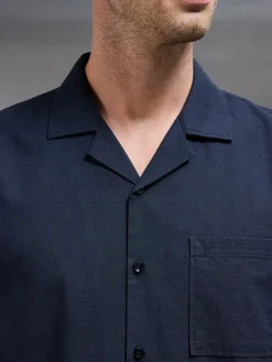 Relaxed Cotton Linen Revere Collar Shirt - Navy