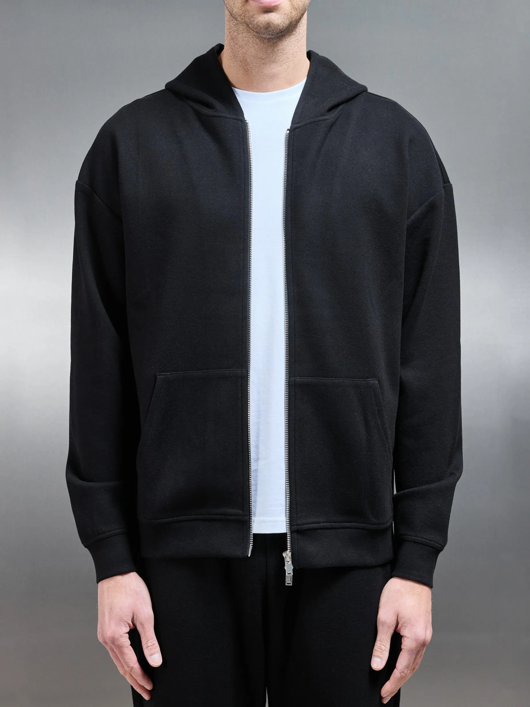 Relaxed Fit Knitted Zip Through Hoodie - Black