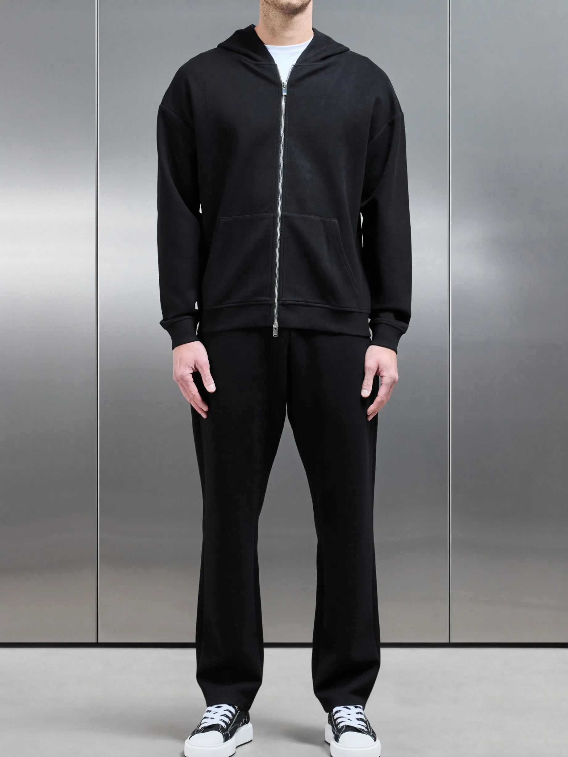 Relaxed Fit Knitted Zip Through Hoodie - Black