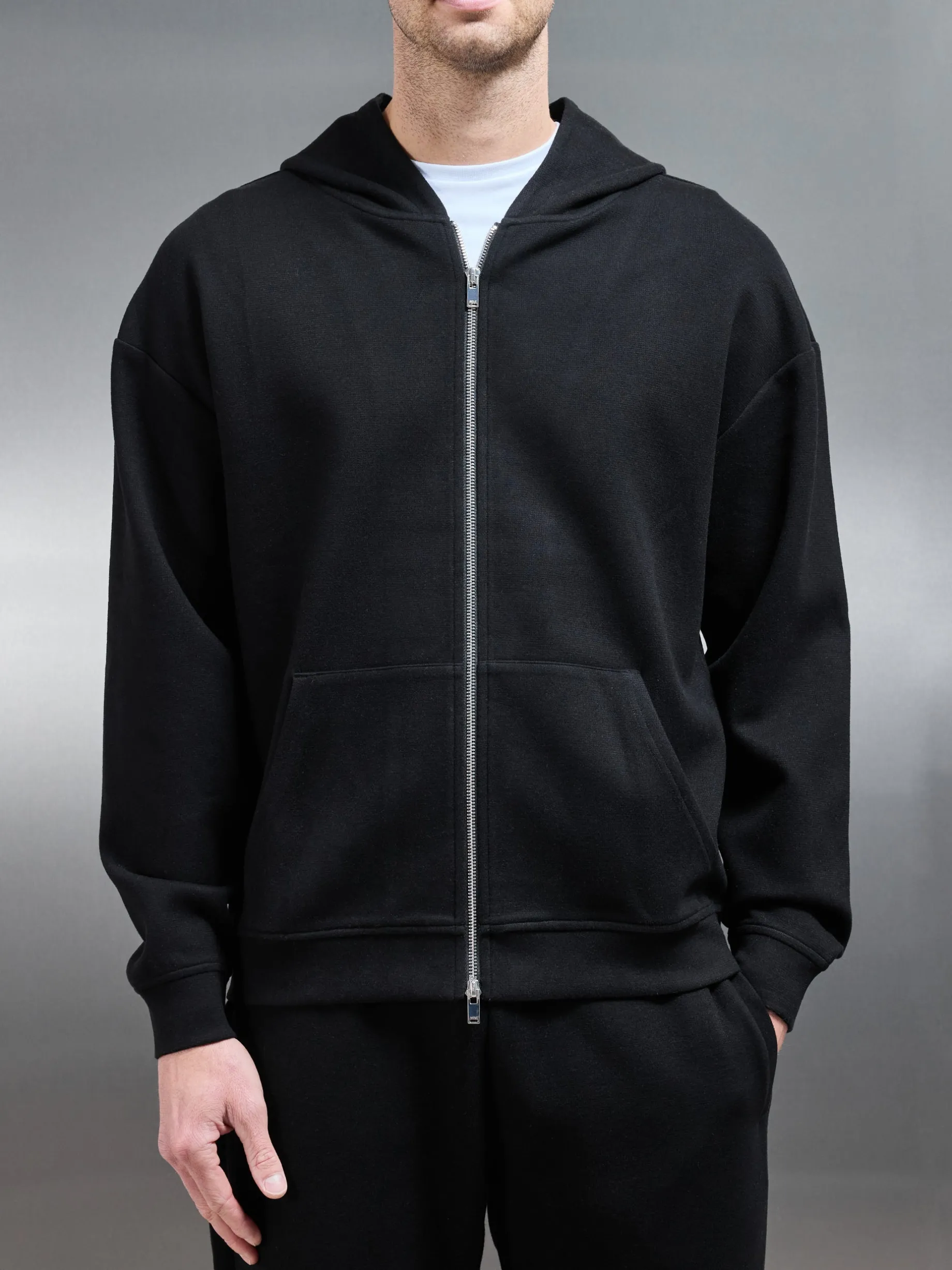 Relaxed Fit Knitted Zip Through Hoodie - Black