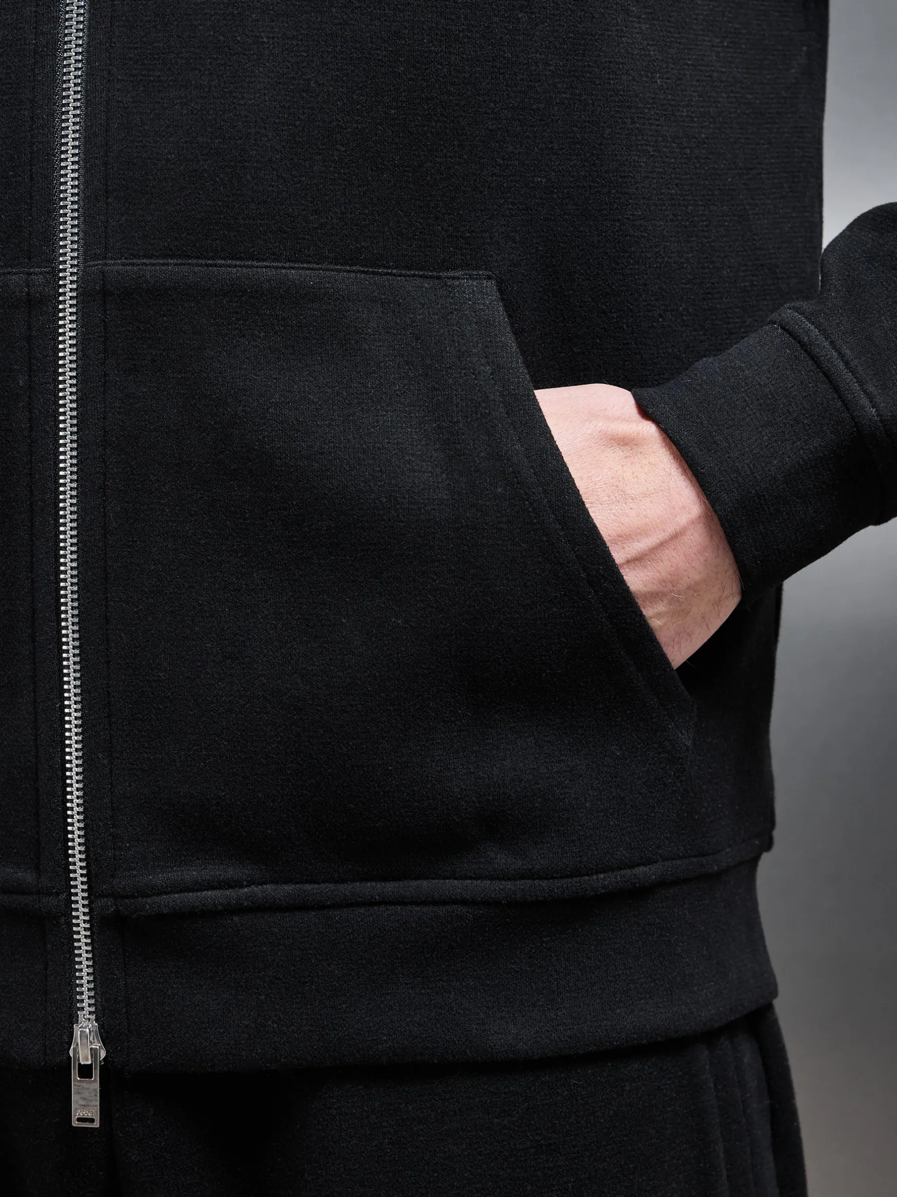 Relaxed Fit Knitted Zip Through Hoodie - Black