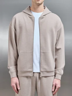 Relaxed Fit Knitted Zip Through Hoodie - Stone