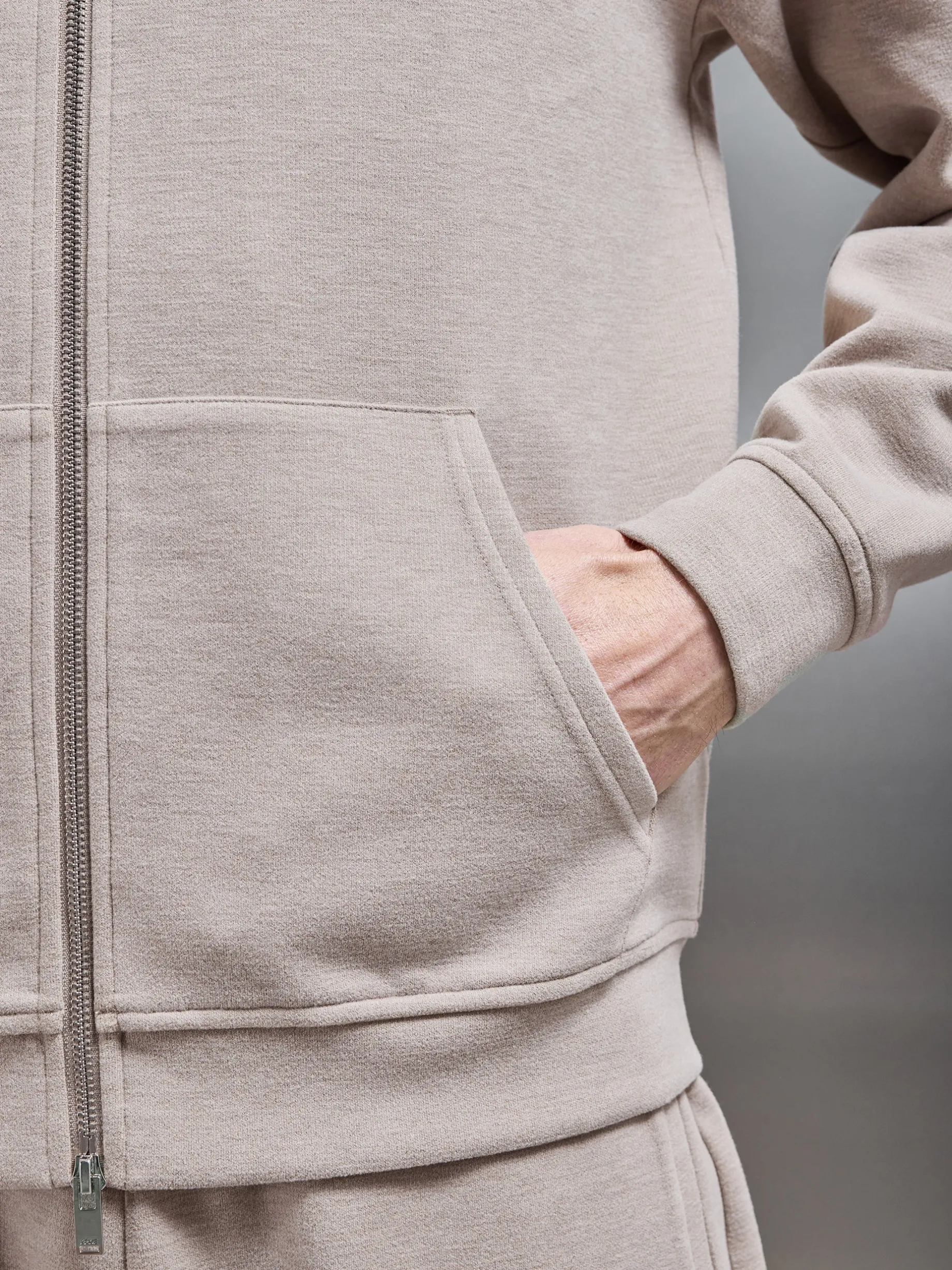 Relaxed Fit Knitted Zip Through Hoodie - Stone