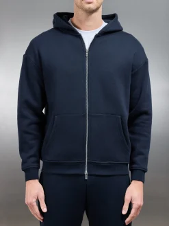 Relaxed Zip Through Hoodie - Navy