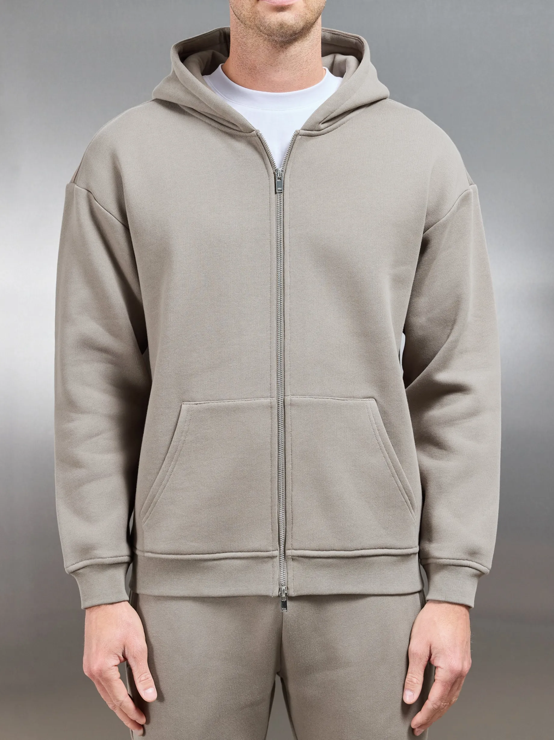 Relaxed Zip Through Hoodie - Taupe