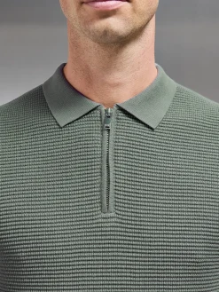 RIbbed Knitted Zip Polo Shirt - Sage
