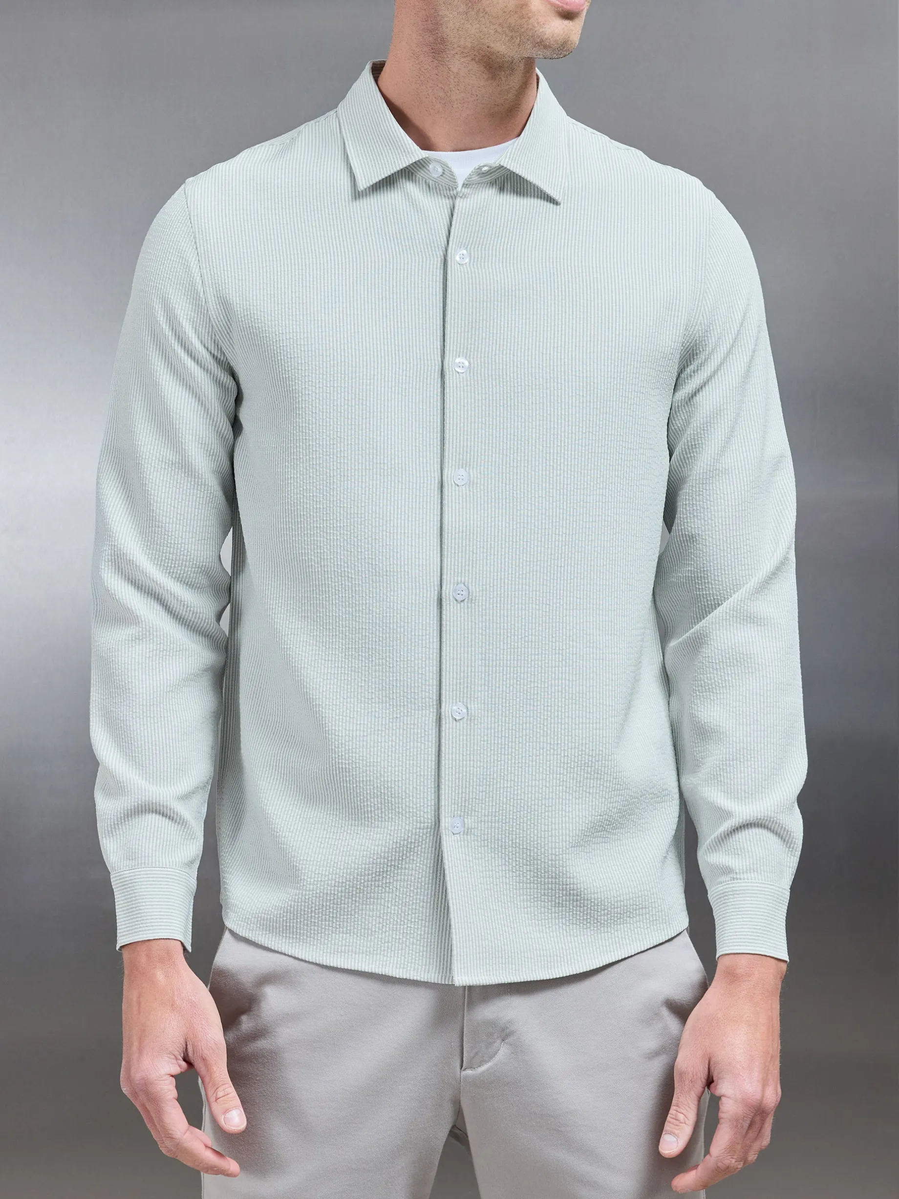 Seersucker Long Sleeve Cutaway Collar Shirt - Sage