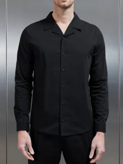 Seersucker Revere Collar Long Sleeve Shirt - Black