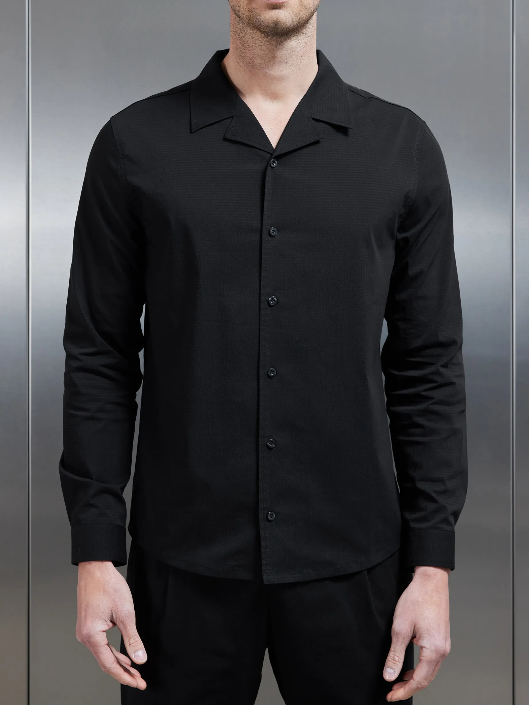 Seersucker Revere Collar Long Sleeve Shirt - Black