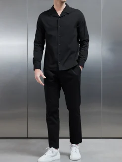 Seersucker Revere Collar Long Sleeve Shirt - Black