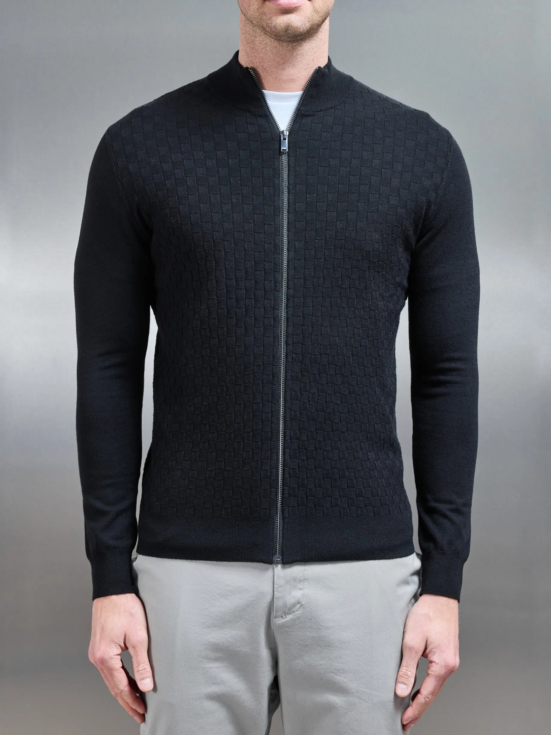 Square Textured Zip Through Jacket - Black