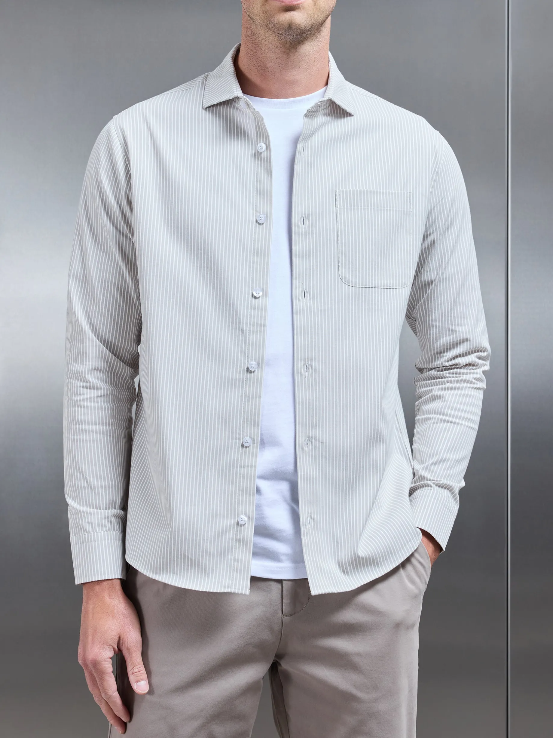 Stripe Long Sleeve Cutaway Collar Shirt - Stone